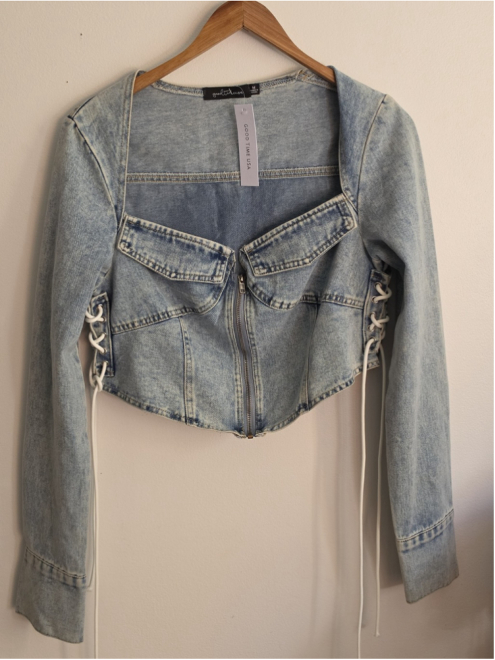 NWT Good Time USA Light Wash Zip-Front Denim Corset Top Size M